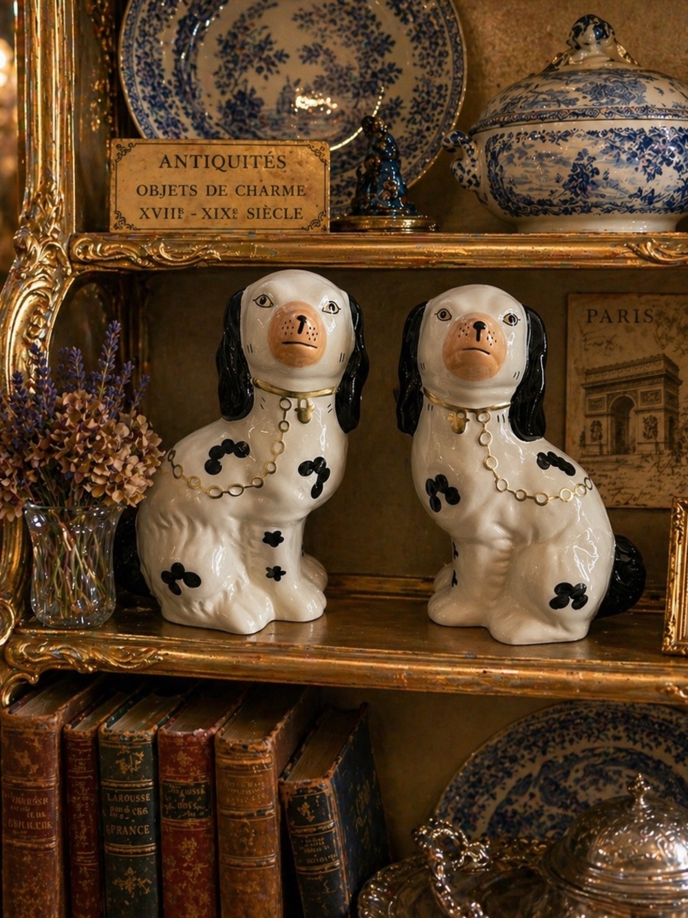 Pair of vintage black and white Staffordshire Dogs. Fireplace dogs 20 cm/8 inch